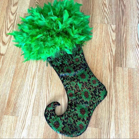Other - Curled Toe Jester Style Feather and Bead Trimmed Christmas Stocking
